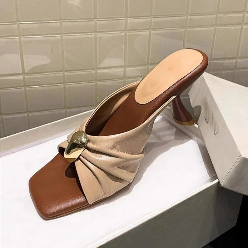 Summer Retro Womens Slippers Fashionable Open-Toe Stiletto Heels PU Street Party Womens Sandals Zapatos De Mujer 260623