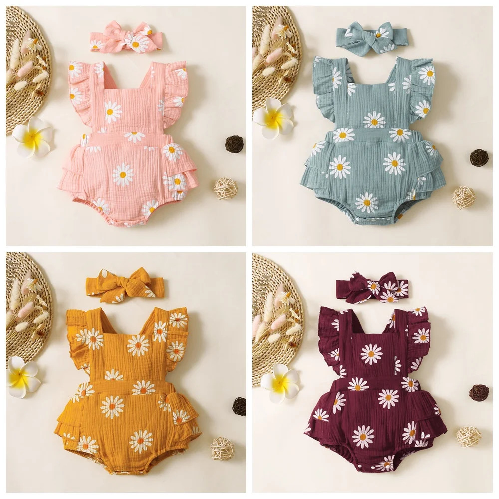 Infant Baby Girl Romper Clothes Ruffle Sleeveless born Bodysuit with Headband Summer Jumpsuit Fashion Toddler Outfit Suit 260612