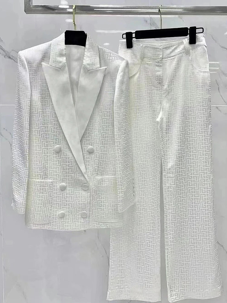 HIGH STREET est 2026 Runway Suit Set Womens Double Breasted Buttons Monogram Jacquard Thin Blazer Pants Set 2pcs 260610