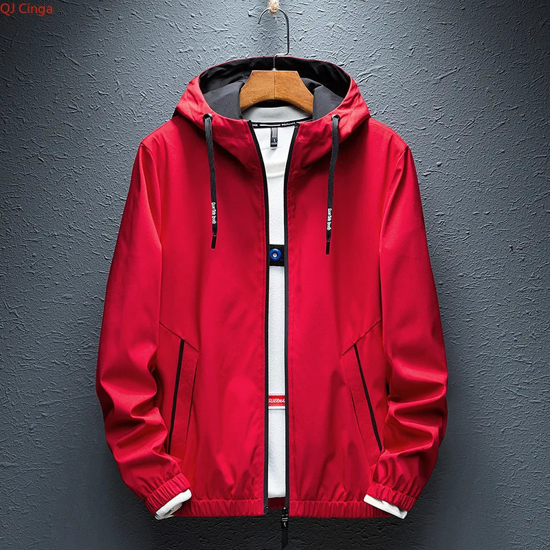 2026 Mens Red Hooded Jacket Black LongSleeve Casual Coat Lightweight Windproof Top Size M4XL 260612