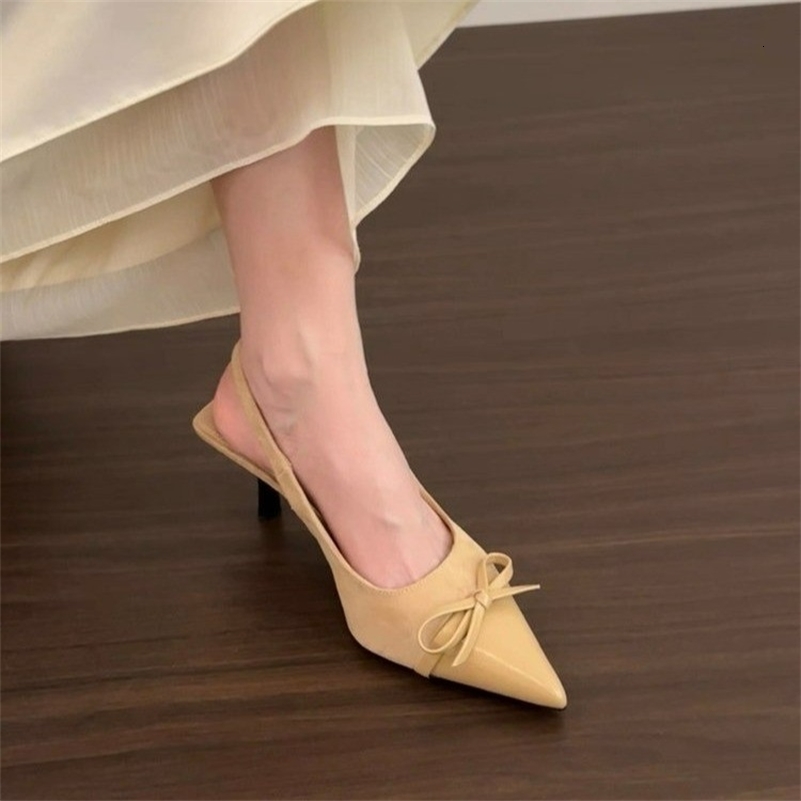 French-style womens summer sandals high-heeled open-back heel bow detail thin-heeled pointed shoes 260611