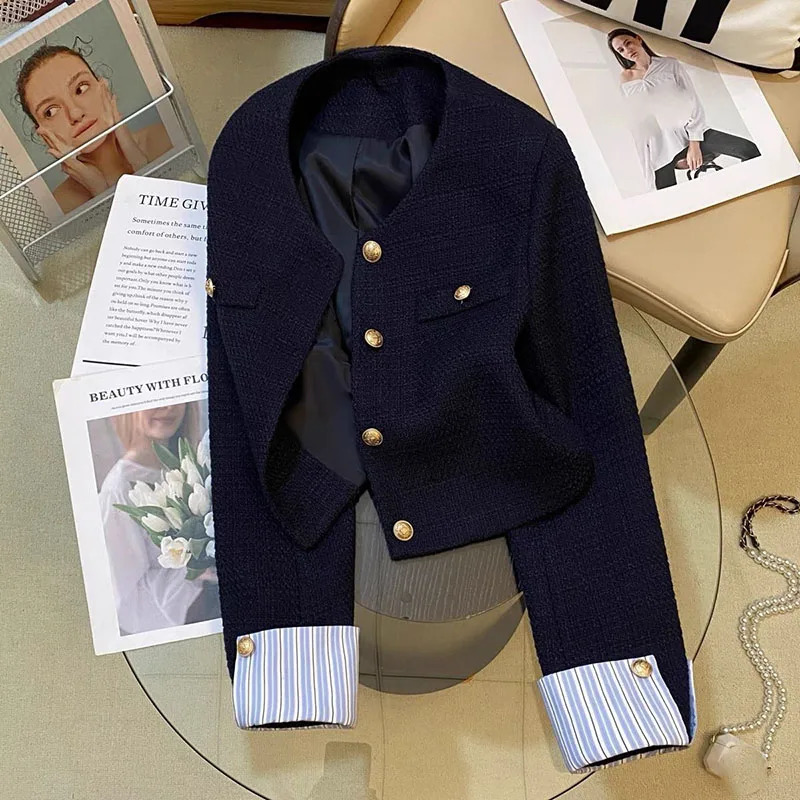 Autumn Winter Tweed Jacket Women Korean Splicing Long Sleeve Cropped Jackets for Woman Fashion Metal Buttons Round Neck Coats 260608