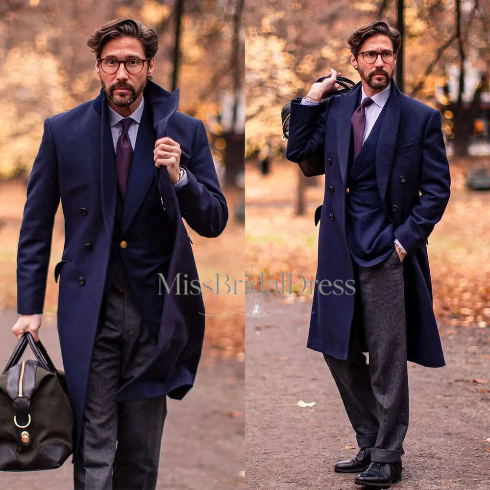 Formal Navy Blue Men Suits Thick Wool Custom Made Double Breasted Tuxedos Peaked Lapel Blazer Back Vent Business High Quality Popular Cheap Price Lo