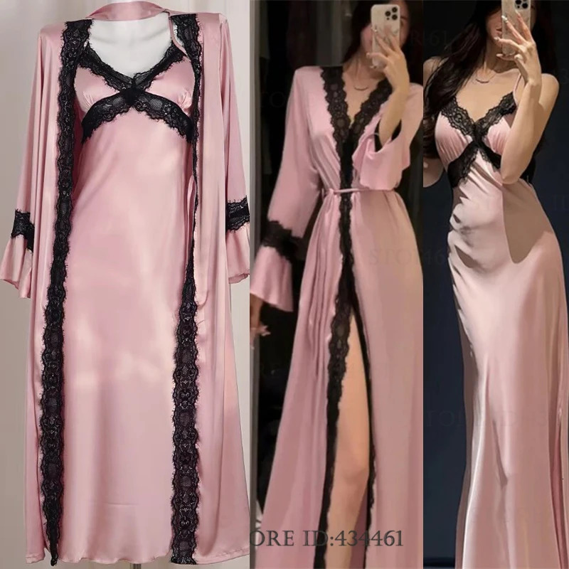 Elegant Women Long 2PCS Robe Set Female Sleepwear Sexy Patchwork Lace Nightgown Lingerie Summer Silk Satin Home Dress Loungewear 260611