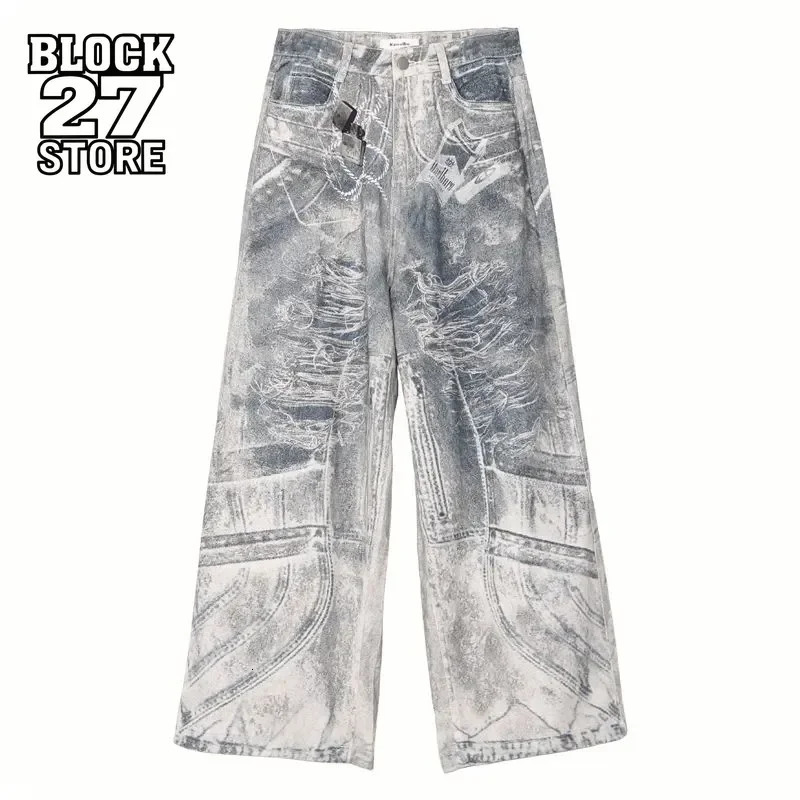 Jeans da uomo Harajuku Y2K Streetwear Stampa gotica Pantaloni larghi in denim a gamba larga Lavato vintage Taglio dritto Grunge Punk Tendenza moda 2
