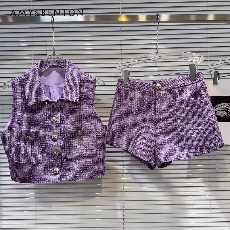 2026 Korean Style Purple Tweed Womens 2 Piece Set Sleeveless Lapel Vest High Waist Shorts Elegant Sequin Casual Sets Ladies 260609BANJIABANJIA