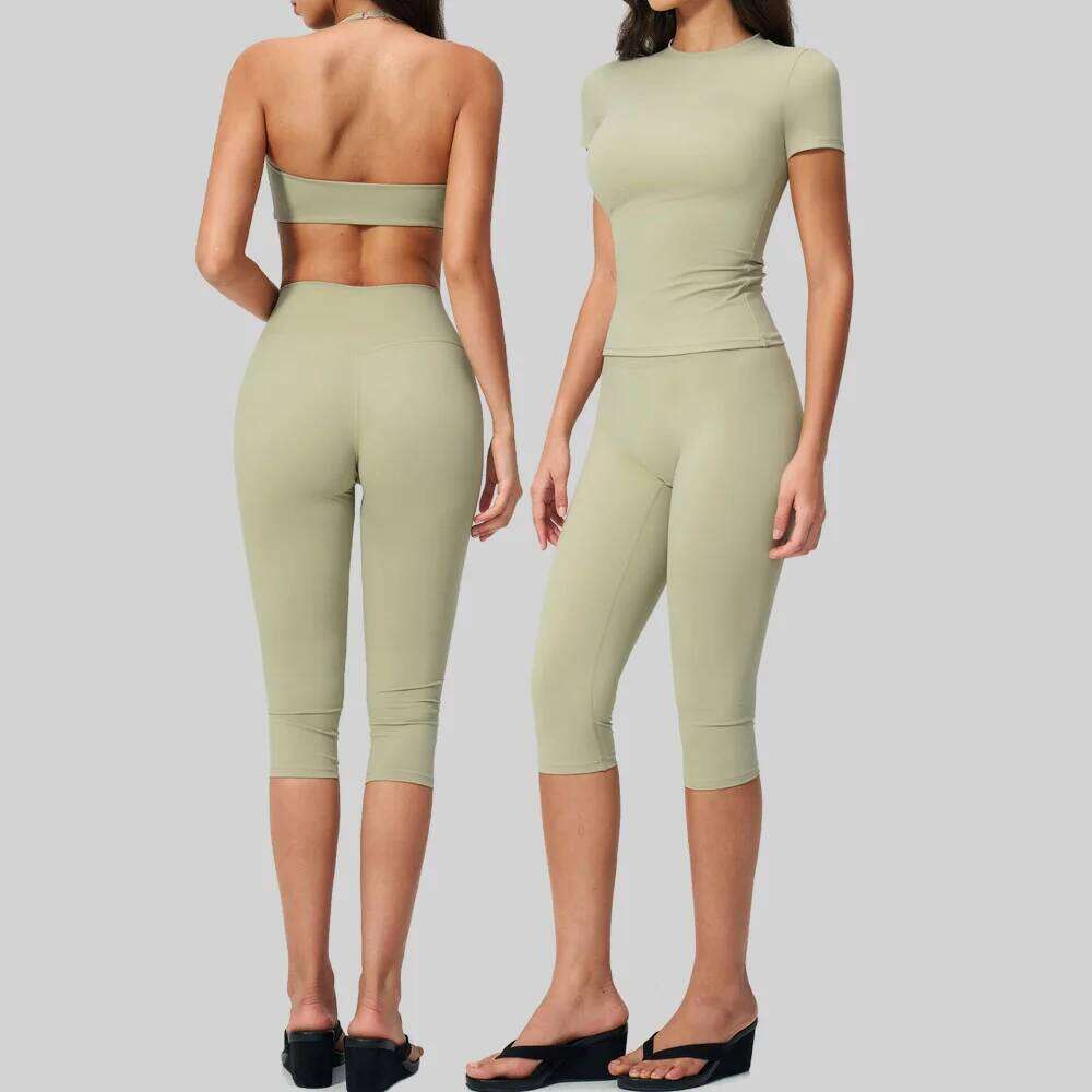 Conjunto deportivo de dos piezas para Yoga para mujer, conjunto deportivo de manga corta de secado rápido, pantalones Capri ajustados para gimnasio