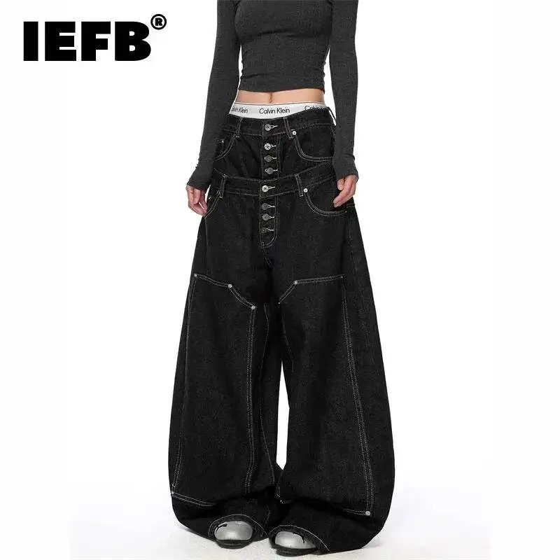 IEFB Niche Black Mens Baggy Jeans Letter Embroidery Casual Double Waistband Deconstructed Wide Leg Denim Long Pants 9X3161 260610