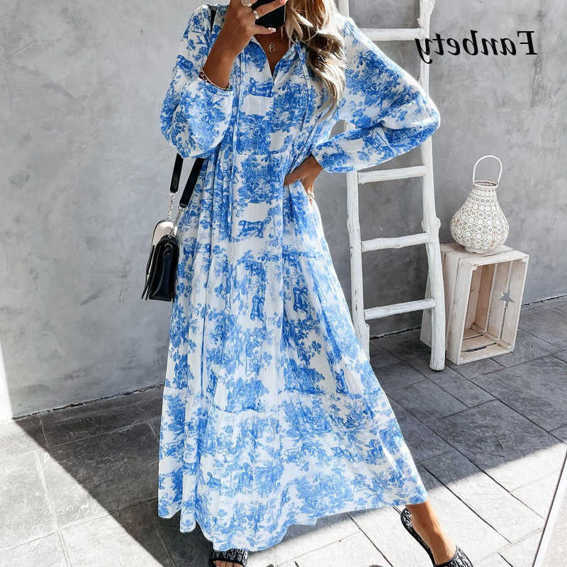 Dresses Casual Elegant Lace-Up Drawstring Dress Summer Flower Print Long Slve Party Dress Women Casual V Neck Loose Dress Mujer S260612