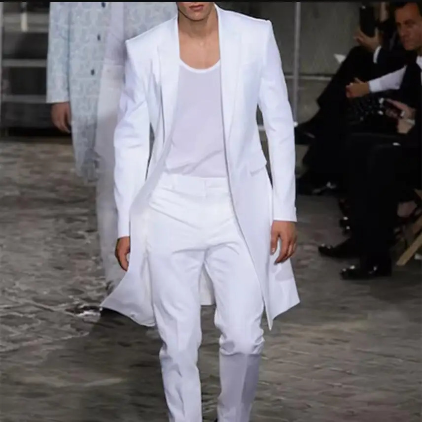 Summer Long Jacket Wedding Suits for Men White Trousers Groom Tuxedos Classic Lapel Man Blazer 2 Pieces Coat Pants Prom 260611