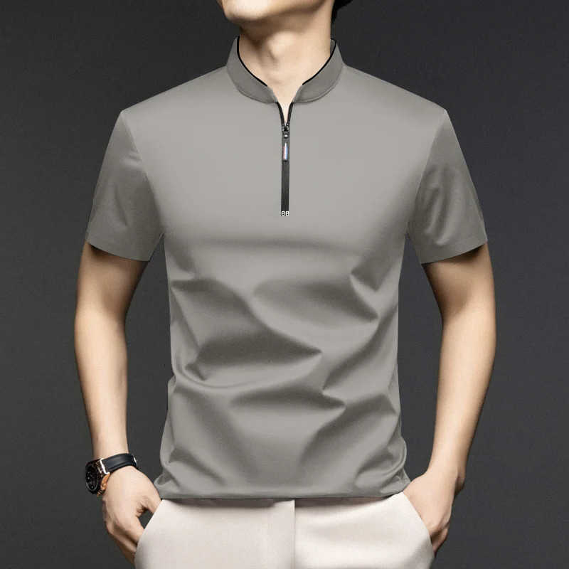 Fashion 2025 New Mens Casual Zipper Solid Color Short Sleeved Shirt Stand Up Collar Versatile Comfortable Top M260612