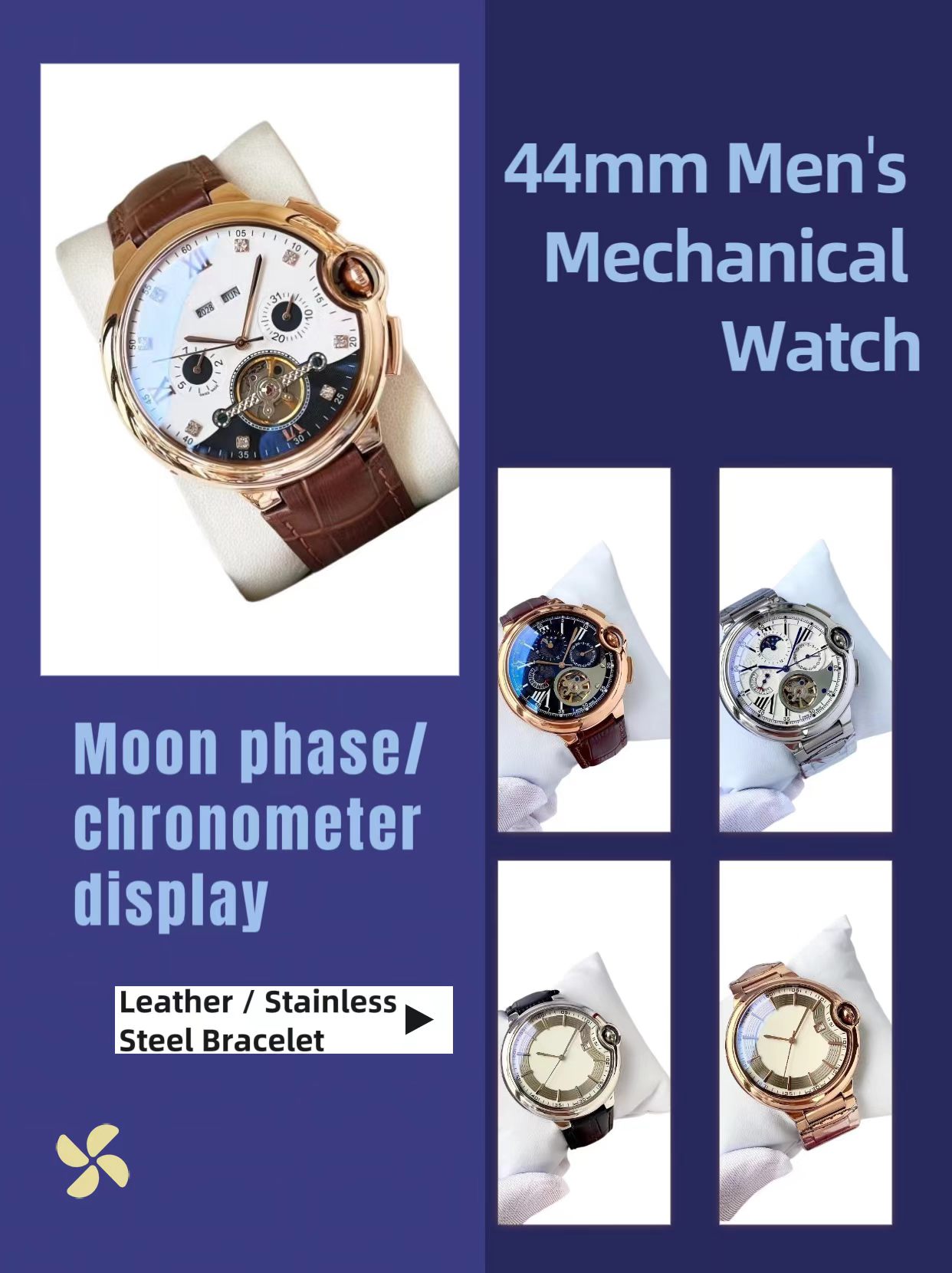 Luxurious designer watch - Men's watch - Leather/silver alloy strap - Moon phase/chronometer display - Boxed with cover