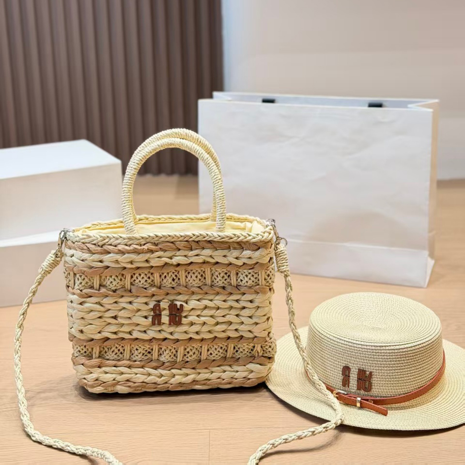 Women Desiger Straw Shoulder Bags Sun Hat Set Striped Weaving Bag Tote Bag Women's 2pcs Beach Set for Summer Vacation Casual Bags Travel Bags W