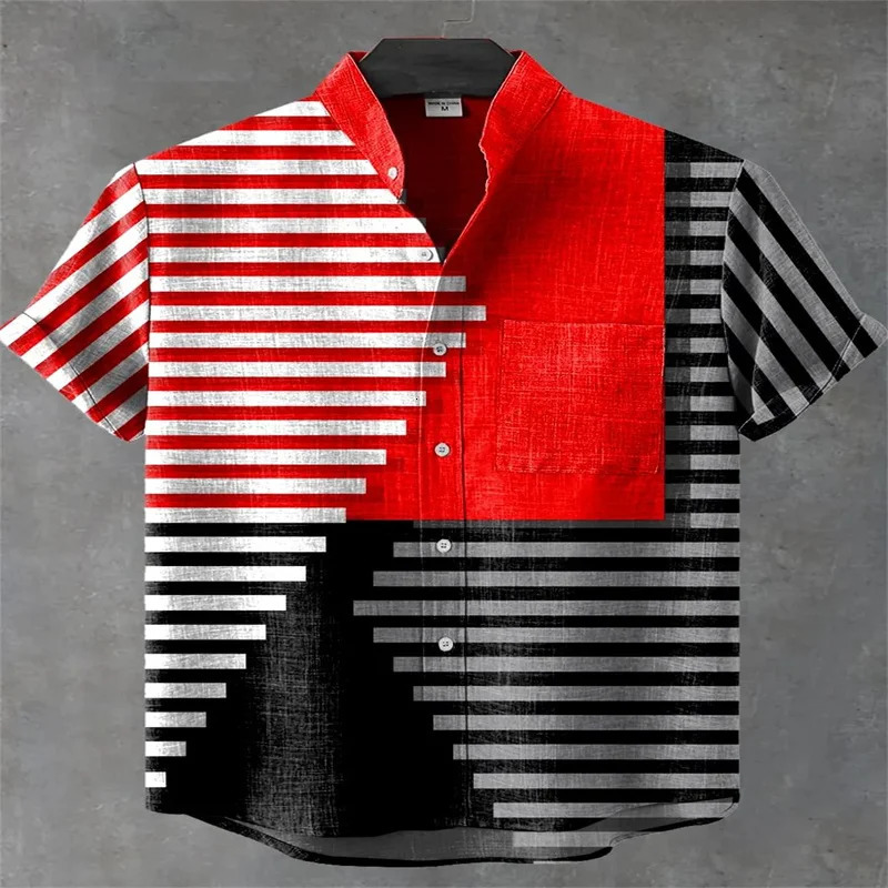 Mens Summer Red Black White Striped Patchwork Shirt Stand Collar Short Sleeve Casual Button Down Beach Blouse 260612