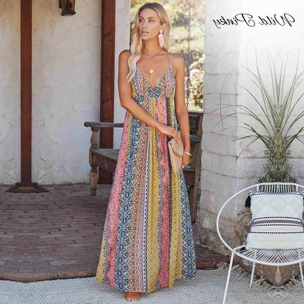 Dresses Casual Wildy Long Women Print Boho V-neck Summer Strap Beach Vestidos S260612