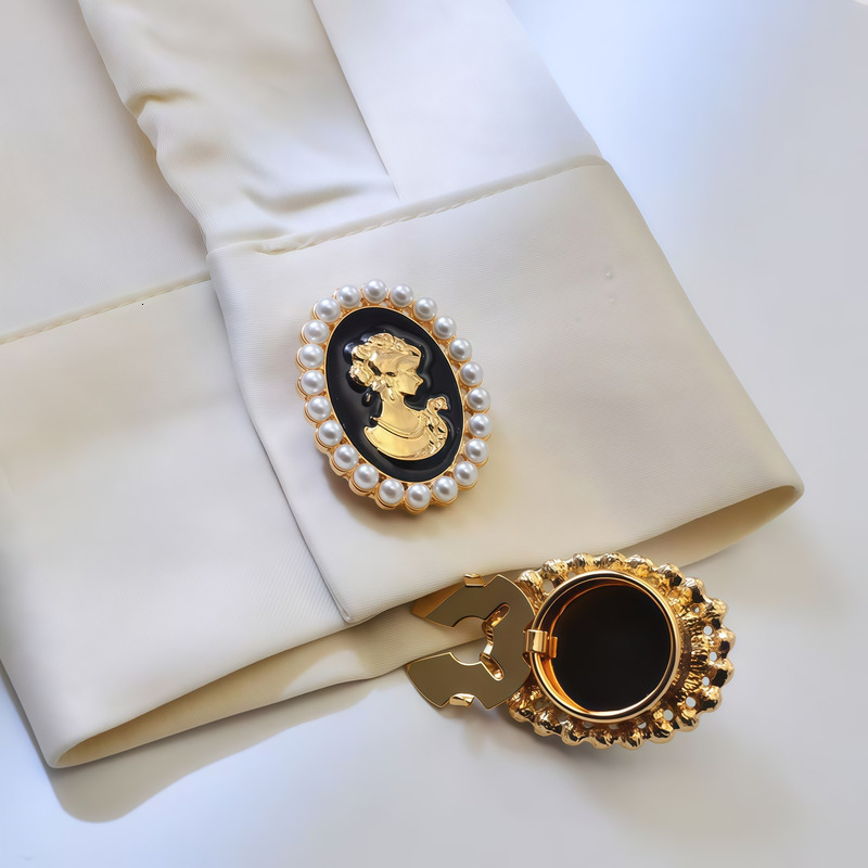 Detachable Vintage court-style cufflinks with pearl beauty head black buttons, fashionable decorative buttons for suits and coats