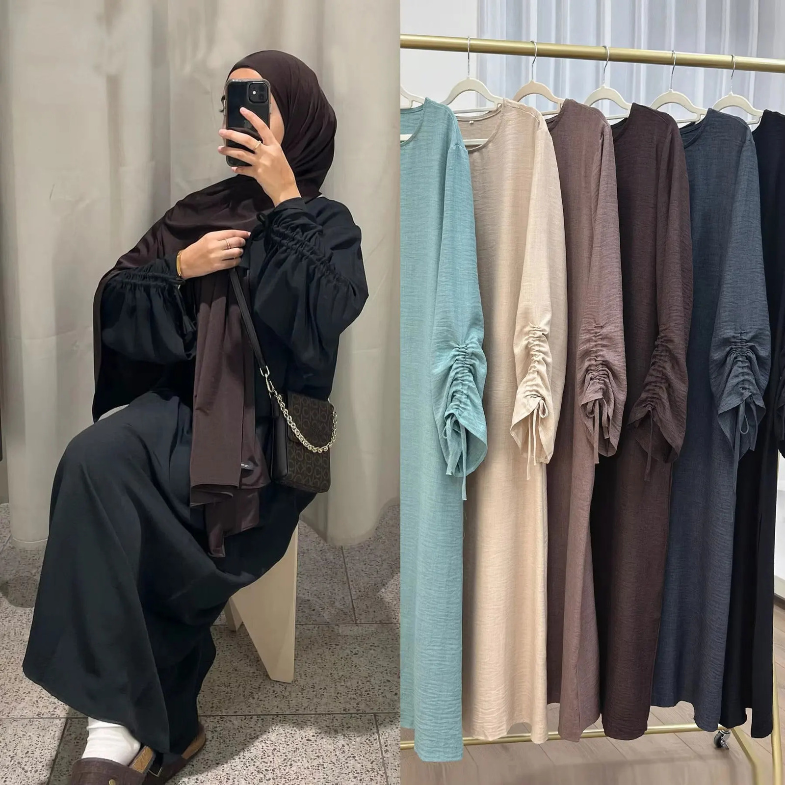 Eid Islamic Modest Dress for Women Abaya Lace-up Sleeve Morocco Casual Ramadan Vestidos Prayer Kaftan Dubai Muslim Long Robe 260610