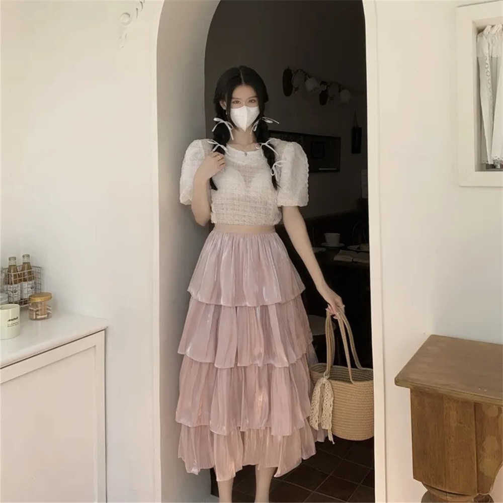 Midi Skirts Women Pure Princess Sweet Tiered Designed Chic Summer Aesthetic Fashion Gentle Vintage French Style Fairycore Faldas M260612