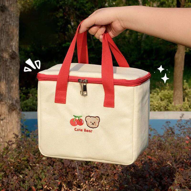 Cute Lunch Large Capacity Canvas Anti-cooling Handbag Aluminum Foil Insulated Food Box Office Worker Portable Bento Bag