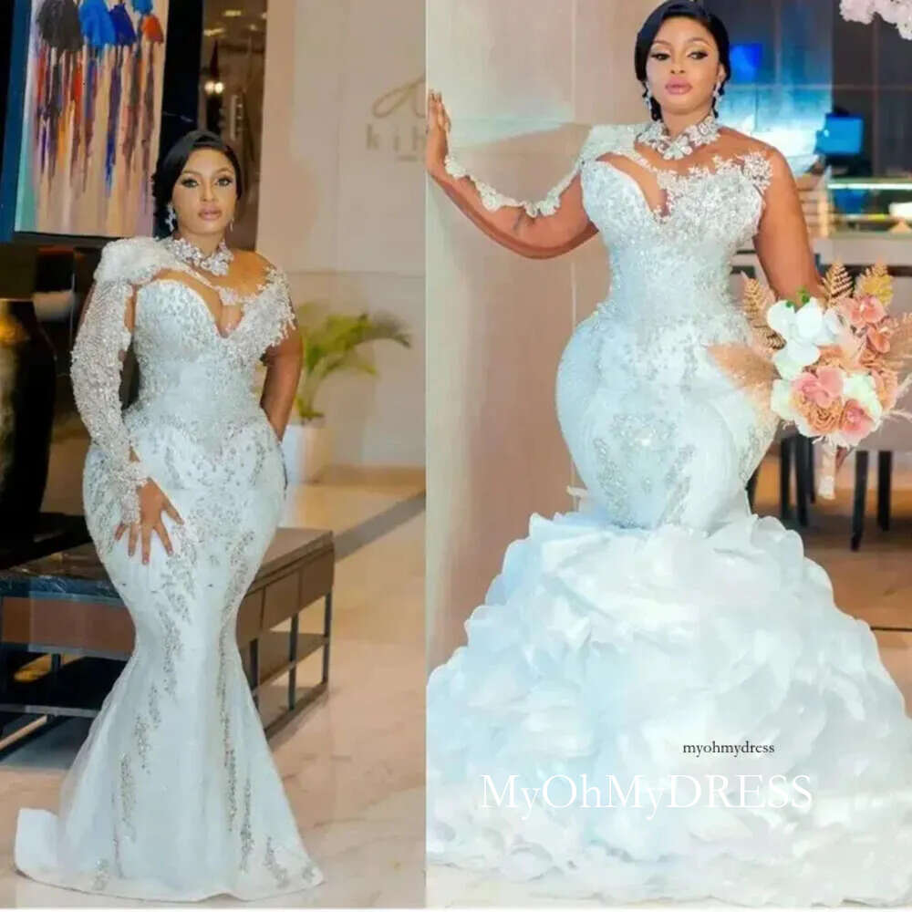Plus Size White Mermaid Wedding Dresses With Detachable Train Gillter Long Sleeve Beaded Crystals Arabic Aso Ebi Bridal Gowns 0514 Y612