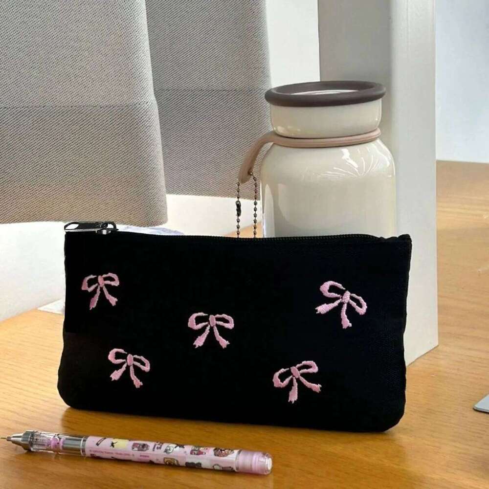 Ins Style Simple Black Bow Case Large Capacity Pencil Storage Cosmetic Bag Stationery Organizer School Supplies