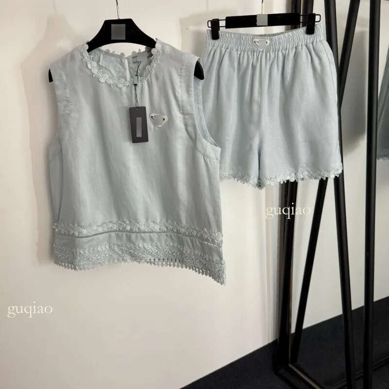 2 Piece Set Women New Linen Casual Fashion Set Floral Lace Stitching Vest Elastic Waist Shorts Designer Clothes Women High Quality Clothing
