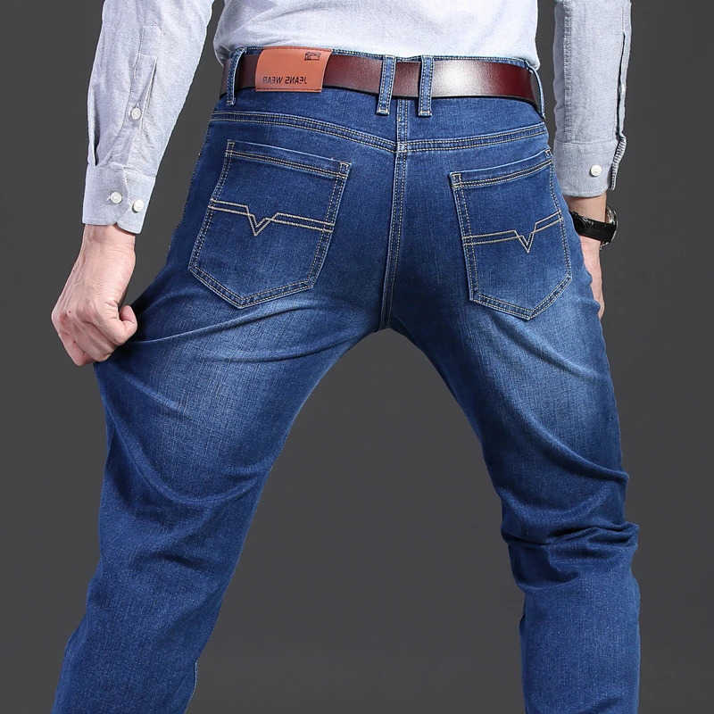 Style Classic Jeans Business Casual Straight Stretch Slim Denim Pants Light Blue Black Trousers 28-40 S260612