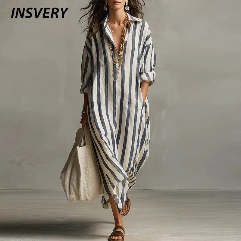 Vintage Printed Maxi Dresses For Women Casual Striped Printed Loose Beach Holiday Long Dresses For Women Party Dress Boho 260610