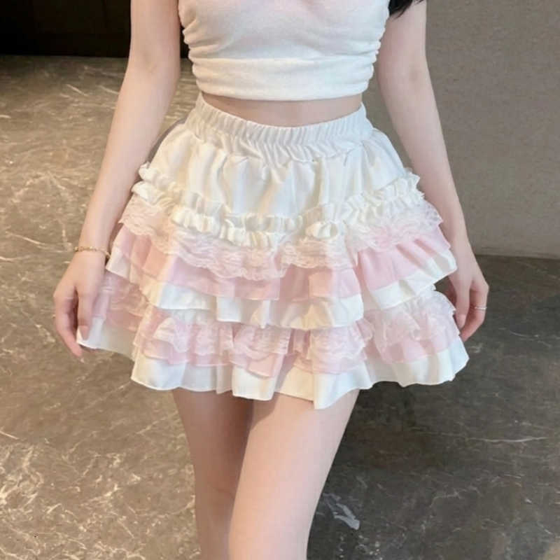 Skirt Lolita Mini Tiered Ruffle with Lace Trim Kawaii Cake Skirt Women Sweet Pink Skort Coquette Fairycore Softs Cute Y2K M260612
