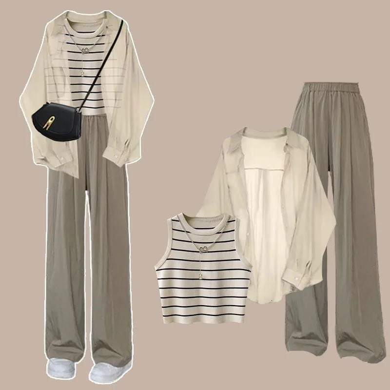 2026 Womens Summer Chic Sunscreen ShirtStriped VestLoose Pants 3Piece Suit Korean Elegant Casual Sportswear Matching Set 260611