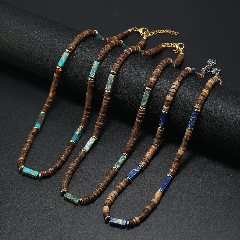 Vintage Bohemian Summer Jewelry Ethnic Style Jewelry Brown Coconut Shell Wood Beads Natural Stone Necklace Mens Jewelry 260610