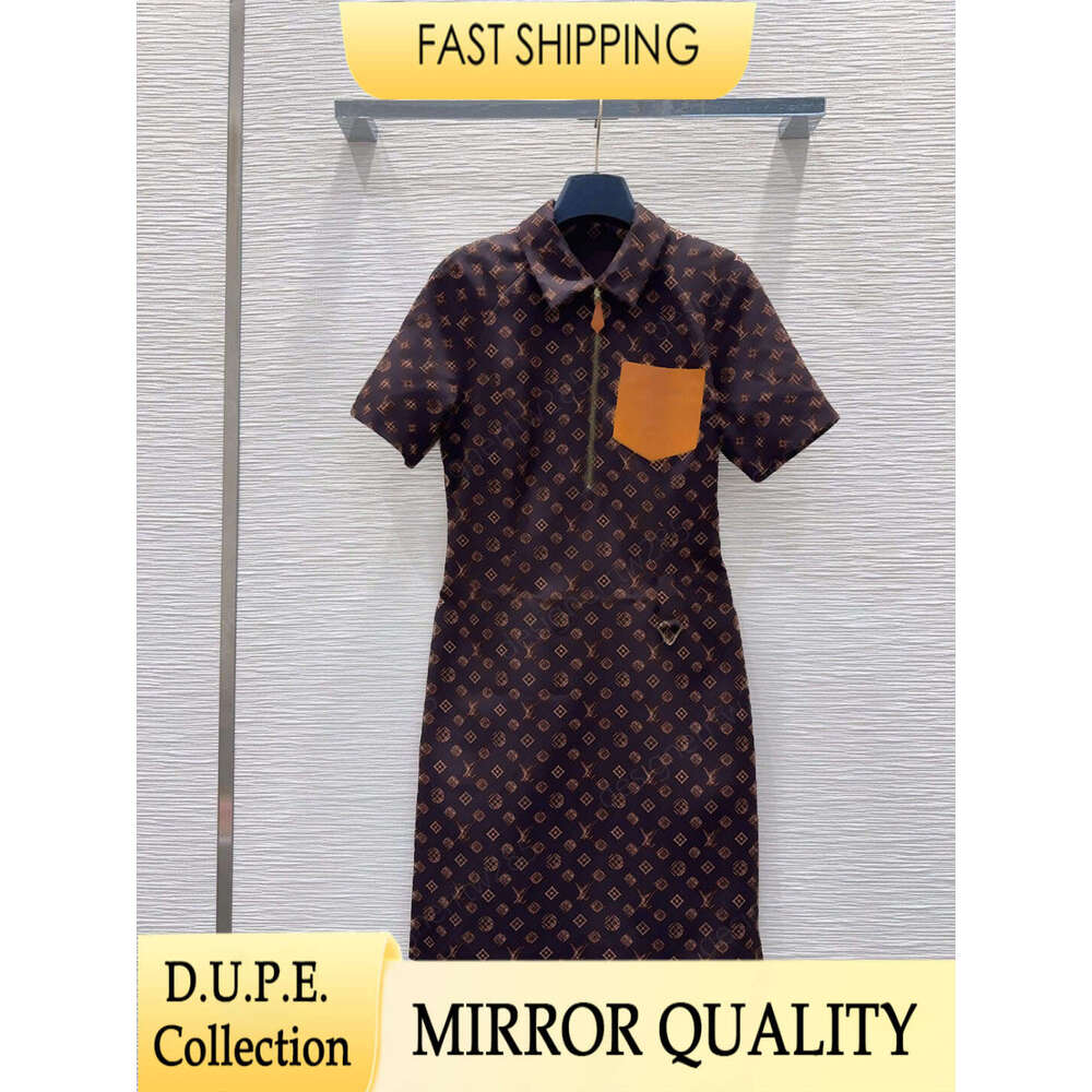 Designer Monogram Print Polo Collar Zip Up Short Sleeve Dress Luxury Leather Pocket Belted Mini Skirt For Women Summer Casual Chic Outfit Vestido-image-1110298018
