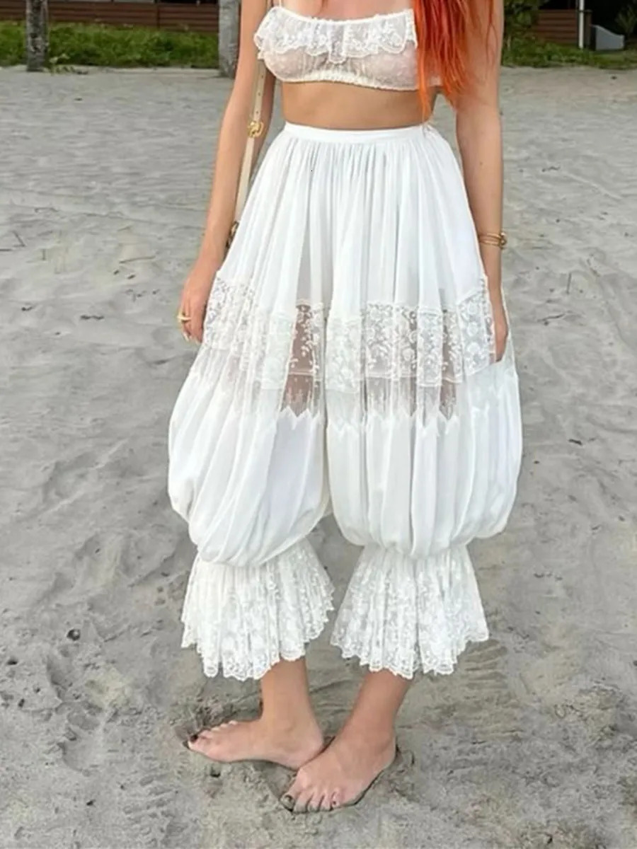 Womens Long Lace Bloomers Casual Loose Fit Stylish Solid Floral Drawstring Mid Rise Crop Pants Dressy Y2K Trousers 260611