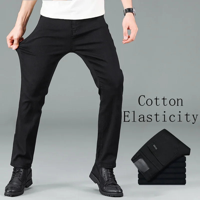 Mens Pure Black Slim Jeans Elastic Straight Pants Business Fashion Leisure Korean Vintage Skinny Small Feet Denim Pants Male 260612