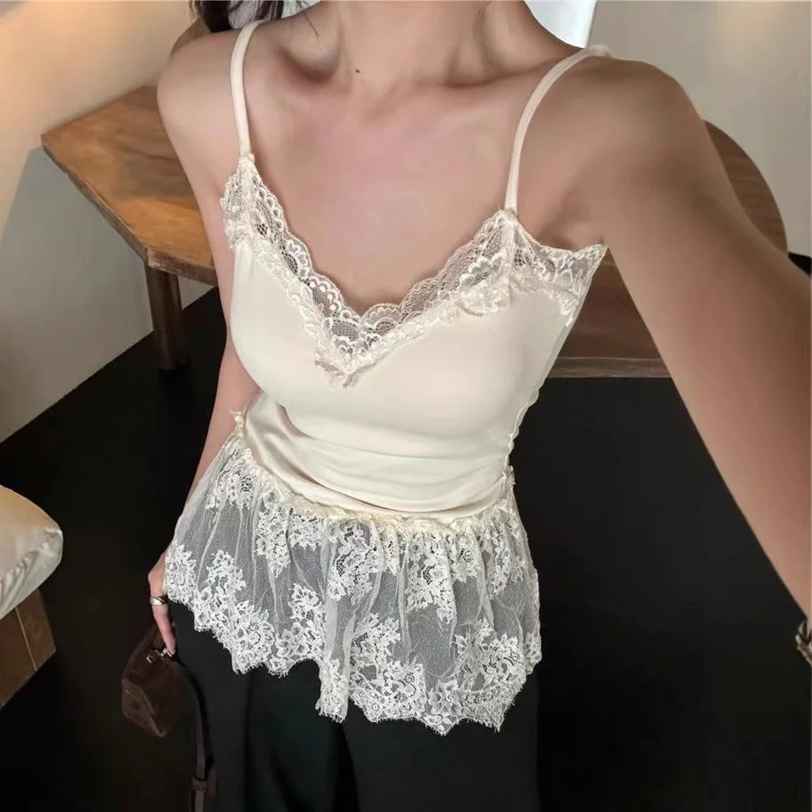 Korean Style Sexy Lace Sleeveless Crop Cami Top Women 2026 Summer Mesh Layer Tank Y2K Clothes Ruched Skinny Backless Tshirt 260612