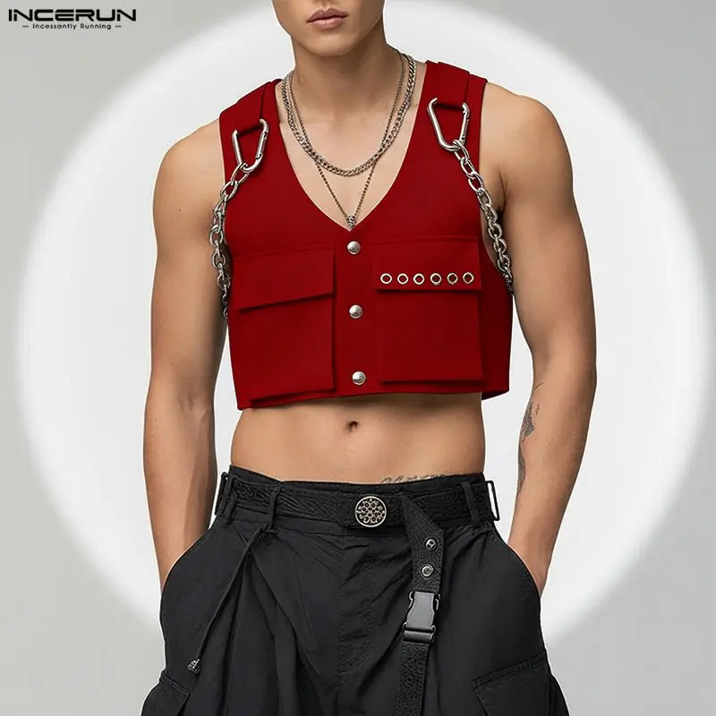 INCERUN Men Vests Solid Color Chain Decoration V Neck Sleeveless Crop Tops Streetwear Fashion Casual Male Waistcoats S3XL 260611