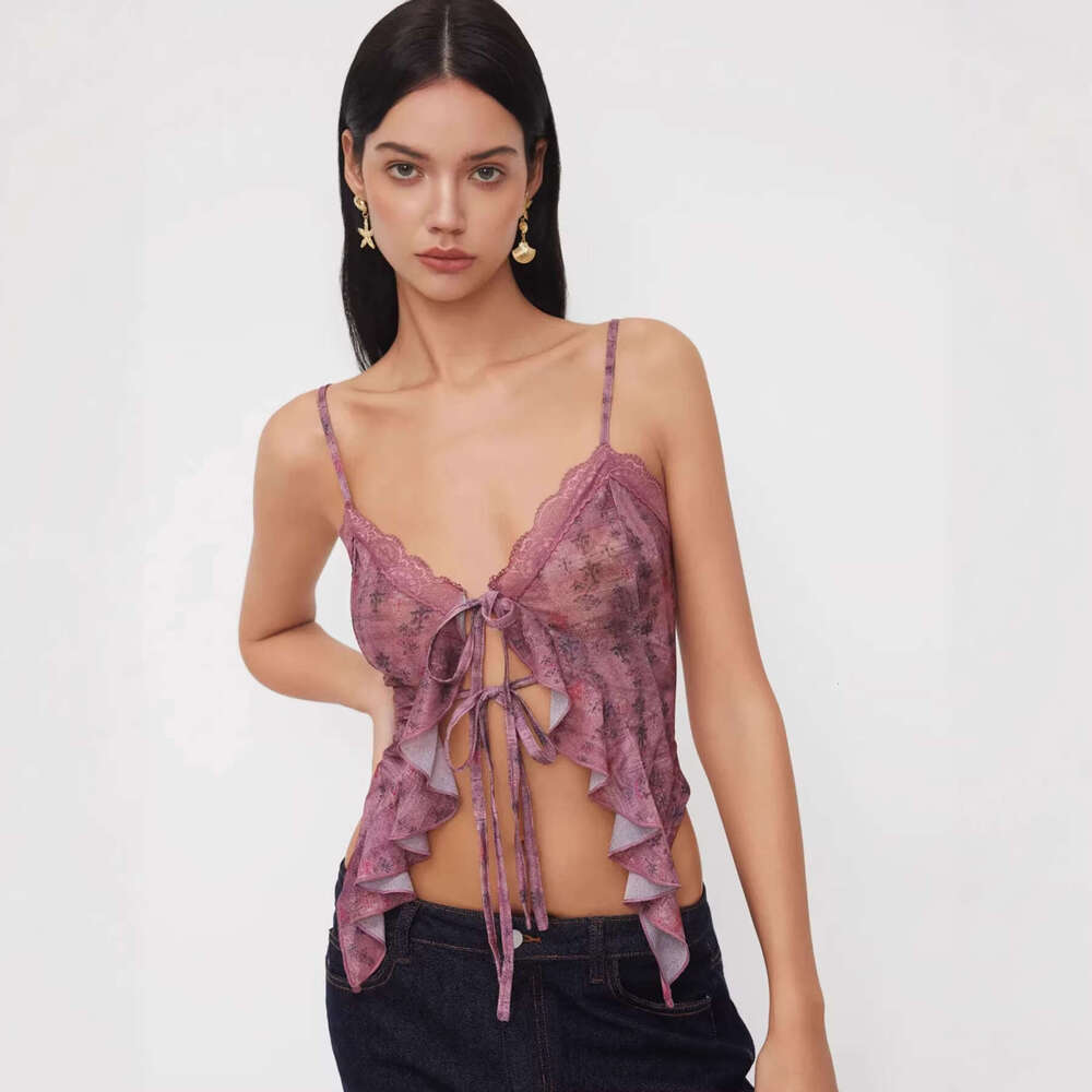 American Style Spicy Girl Lace For Women Summer Ruffled Vintage Floral Patchwork Vacation Camisole Mesh Top Luxury