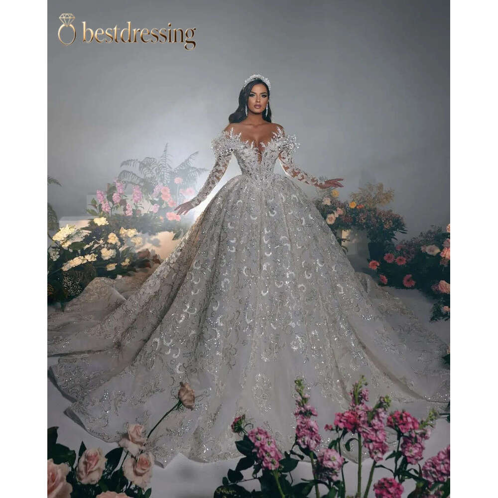 Exquisite Ball Gown Wedding Dresses V Neck Long Sleeves Sequins Appliques Beaded Floor Length Ruffles Diamonds Pearls Bridal Gowns Plus Size Vestido