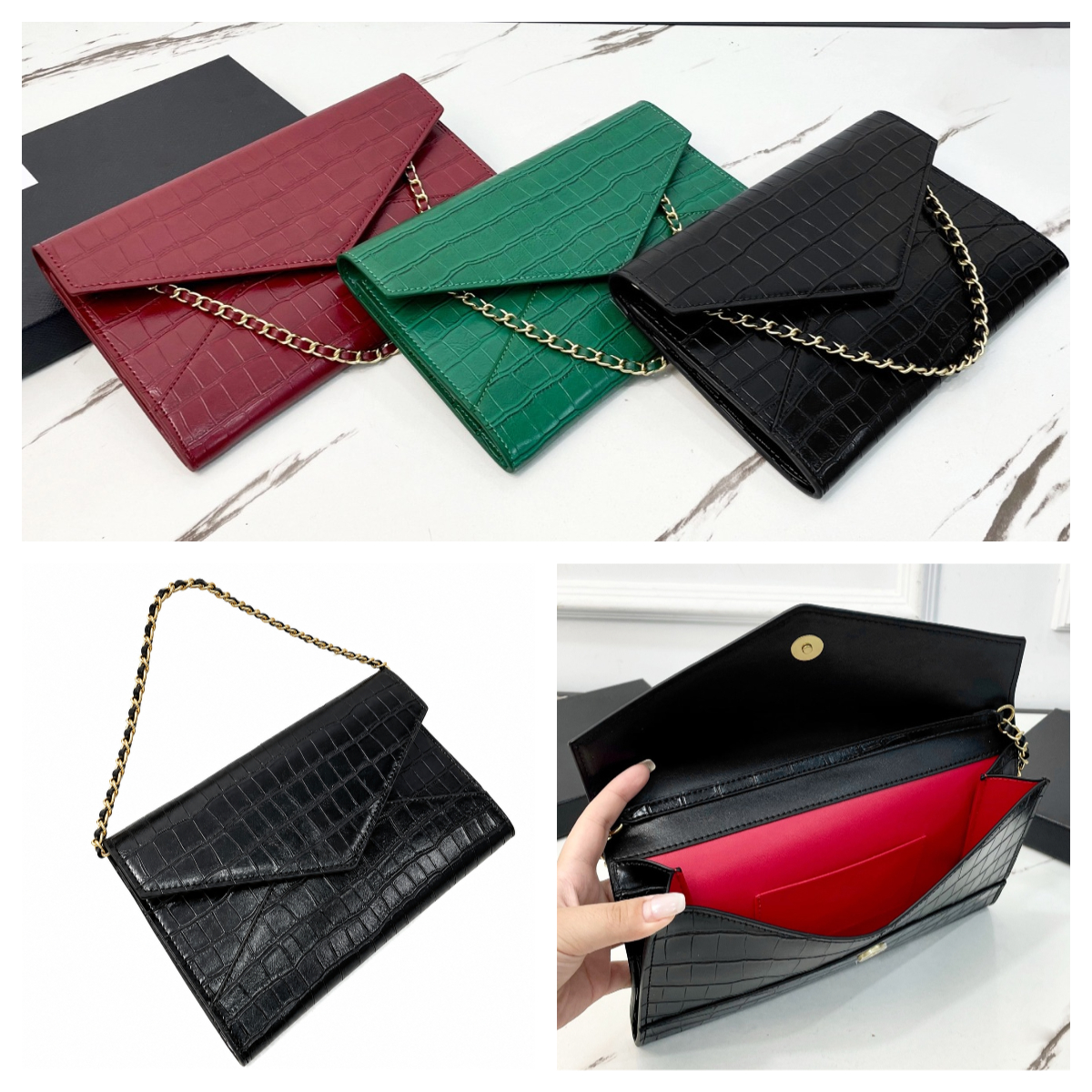 Glossy Crocodile Clutch bag Designer Envelope WOC bag Wallet On Chain Luxury Women Slim Evening Party Clutch Chain Handbag Underarm bag Mini Shoulde