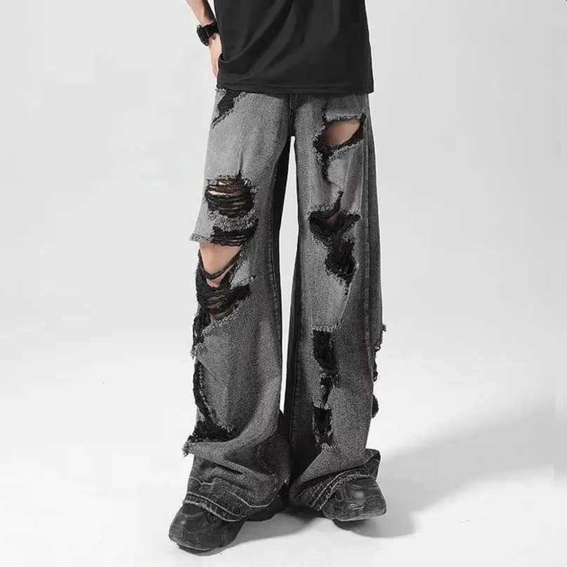 style American retro open straight leg black jeans mens casual wide perforated denim pants comfortable and loose S260612
