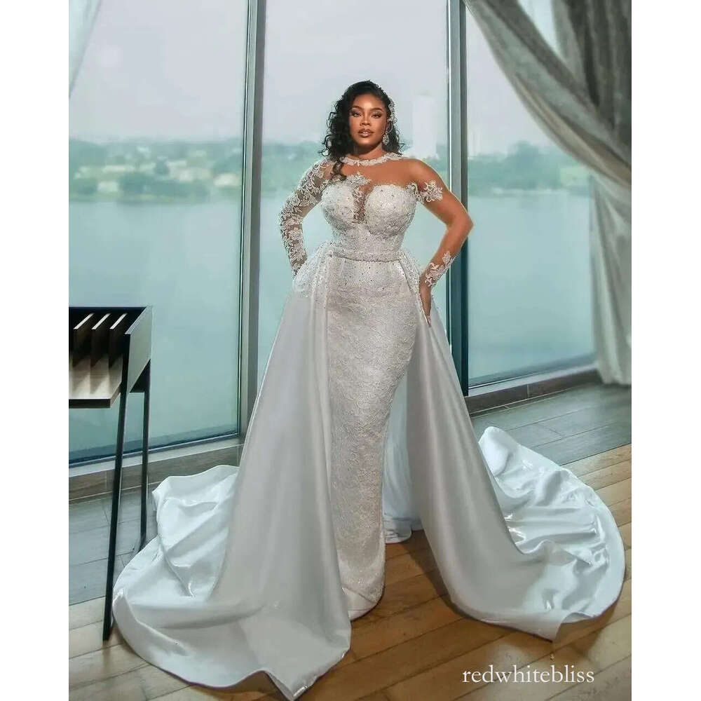 Luxury White Wedding Dresses Dubai With Lace Beads Sheer Long Sleeves Detachable Train African Bridal Gowns Custom Made