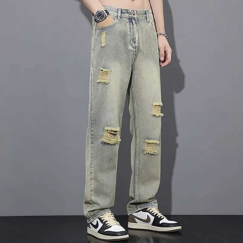 High Summer Strt American Vintage Distressed Jeans Mens Button Zipper Pocket Loose Casual Wide Leg Straight Pants S260612
