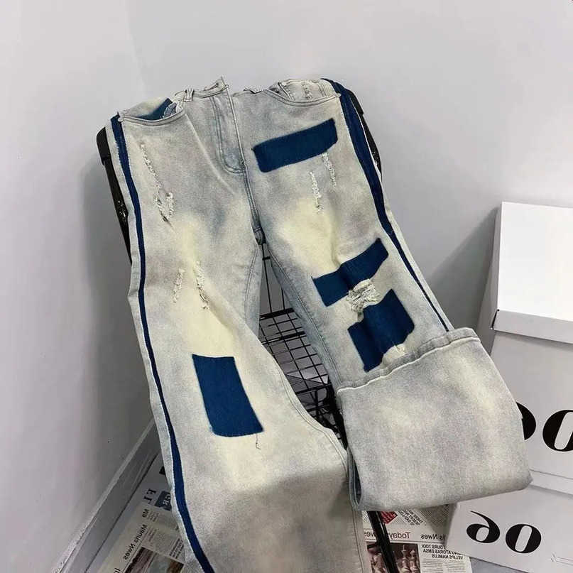 and Mens Strt Retro Laundry Tear Color Blocked Jeans Summer Hip Hop Loose Straight Leg Casual Pants Y2K S260612