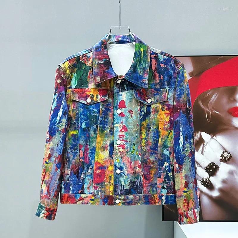 Men's Jackets Unisex Harajuku Spring Rainbow Color Graffiti Hand Painted Denim Jacket Contrast Colorful Jeans Coat Cowboy Streetwear
