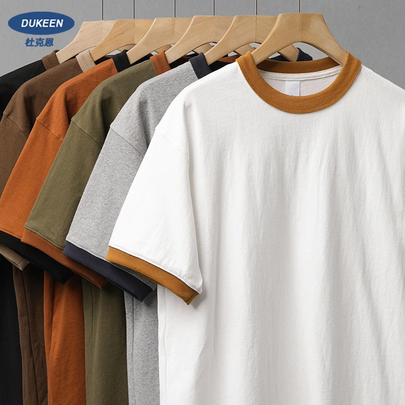 DUKEEN 320G Heavyweight Color-Blocked Patchwork Mens T-Shirt Summer 100 Cotton Solid Color Short Sleeve Basic Tops 260609