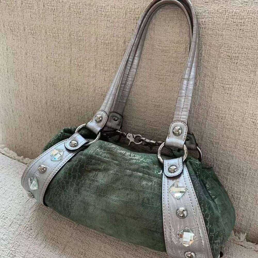 Y2k Punk Style Shoulder Vintage Patchwork Large-capacity Underarm Bag Rivet Diamond Decor Women's Fashion Commuter Handbag