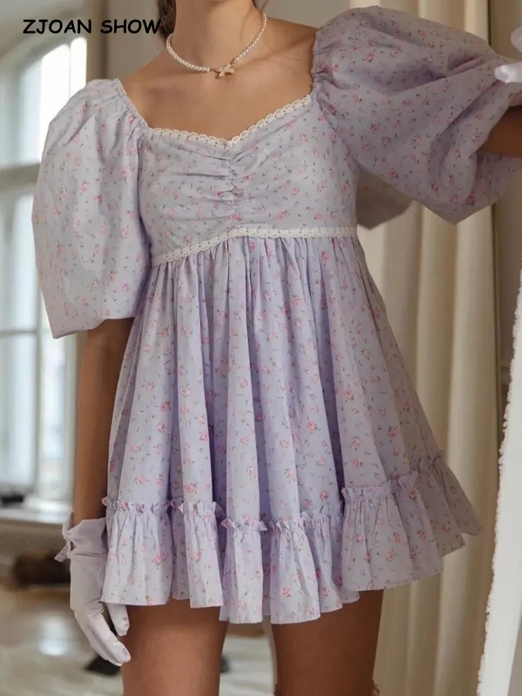 Summer Purple Floral Print Ball Gown Dress Square Collar Puff Sleeve Retro Women Swing Mini Dresses Fairy Cake Vestidos 260611