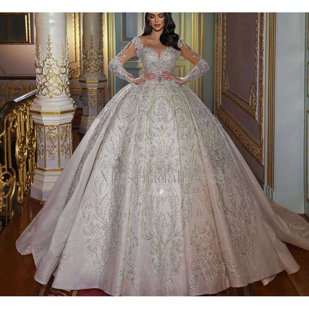 Ball Gown Wedding Dresses V Neck Long Sleeves Sequins Appliques Beaded Floor Length Ruffles 3D Lace Diamonds Zipper Bridal Gowns Plus Size Vestido D