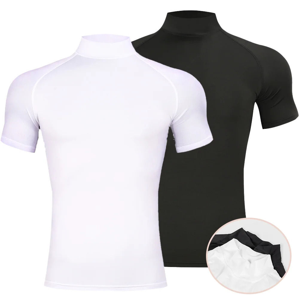Mens Bodybuilding Sports Tight Tshirt Summer Compression Turtleneck Short Sleeve Gym Fitness Running Quick Dry Male Workout Top 260612