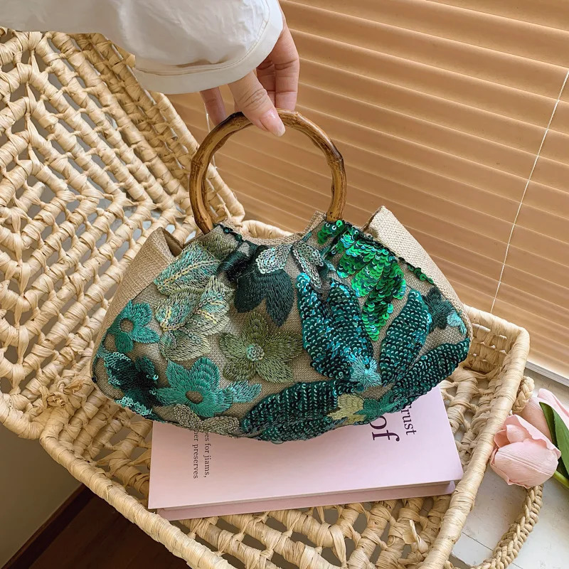 Trendy Sequin Embroidery Flower Small Clutches Retro Bamboo Circles Green Orange Handbag For Women Summer Beach Party Tote Bags 260611BJ